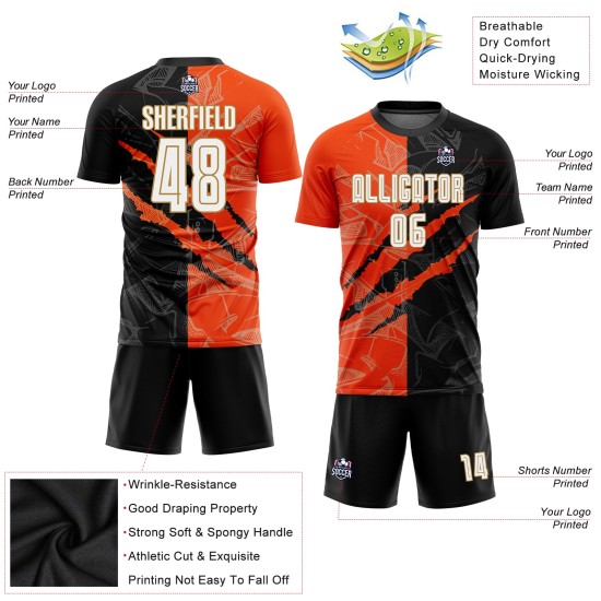 Orange-Old Black Pattern Sublimation Graffiti Uniform Custom Jersey White Scratch Soccer Gold